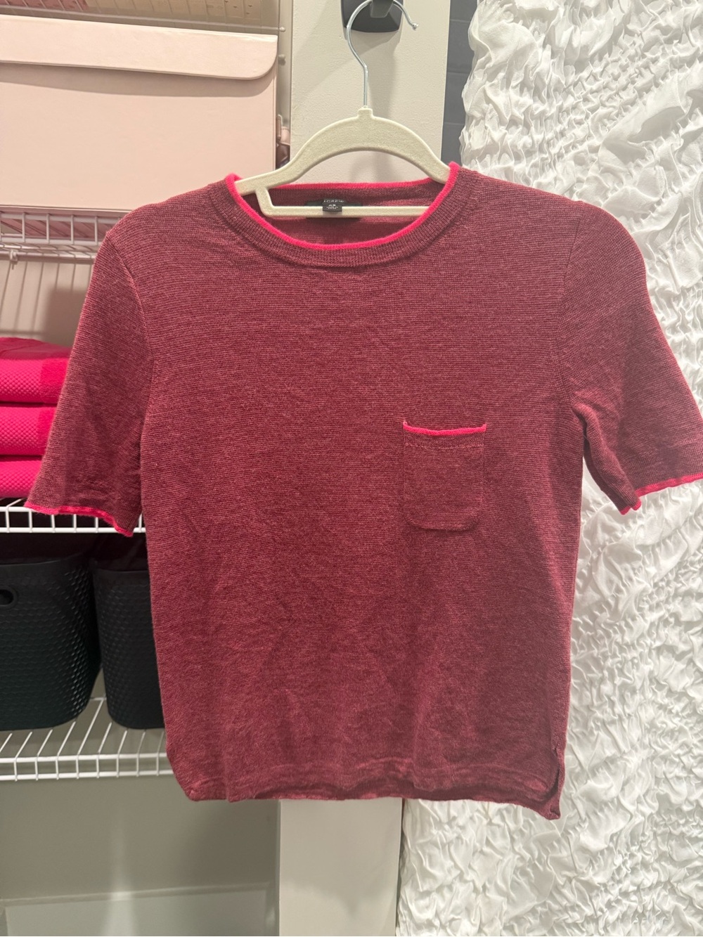 J. Crew Red Short Sleeve Knit Top with Pink Trim